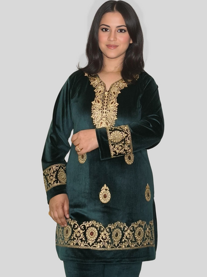 Embroidered Velvet Kurti Set