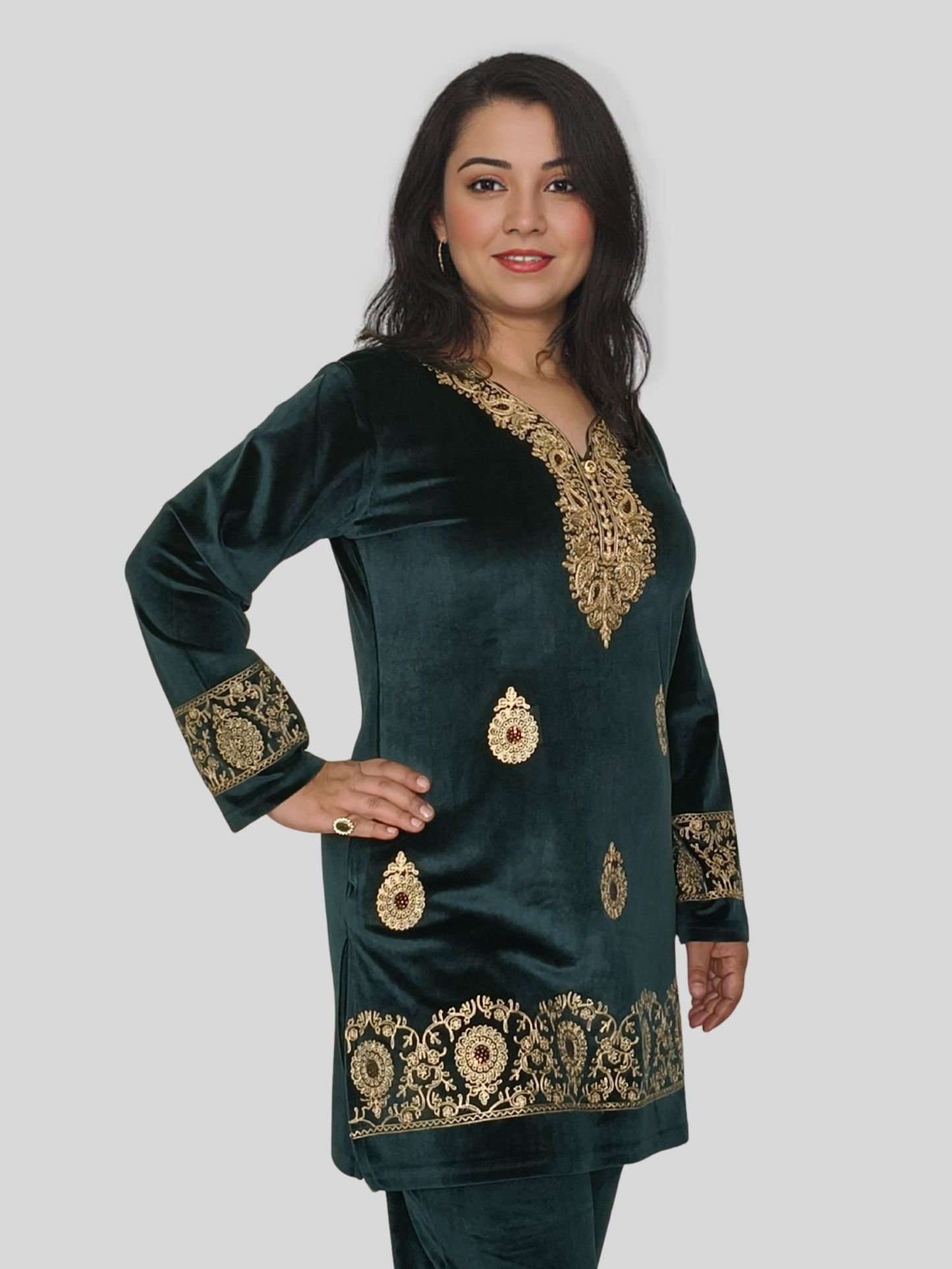 Embroidered Velvet Kurti Set