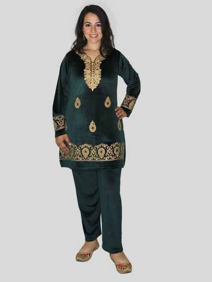 Embroidered Velvet Kurti Set