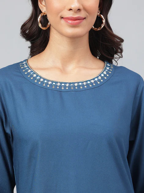 Casual Navy Blue Rayon Regular Sleeves Top