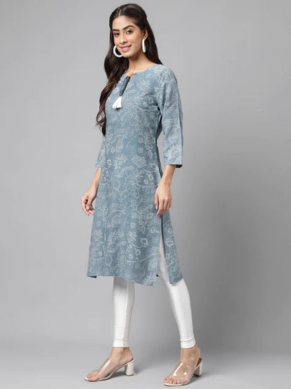 Blue Cotton Floral Printed Straight Kurta