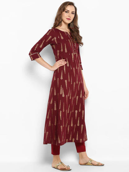 Maroon Cotton Foil Print A-line Kurta