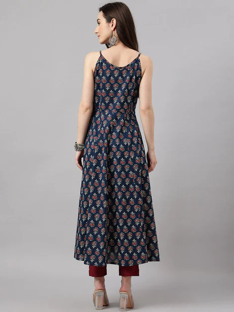 Women's Navy Blue Cotton Botanical Print Anarkali Kurta