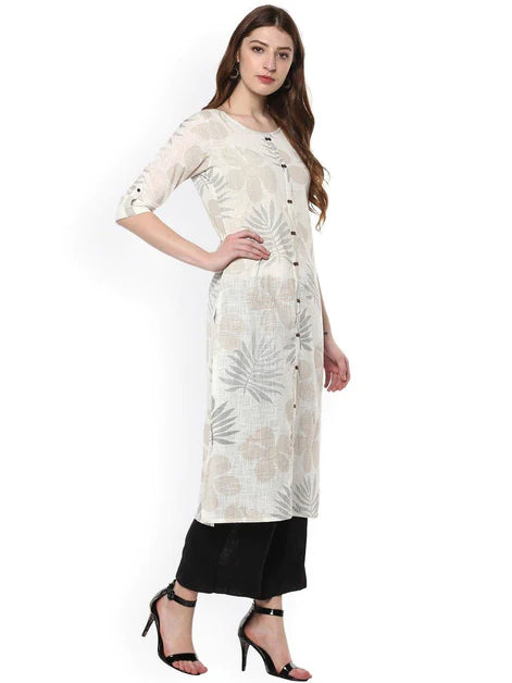 Off White Cotton Foil Print Straight Kurta