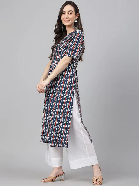 Navy Blue Cotton Geometric Straight Kurta