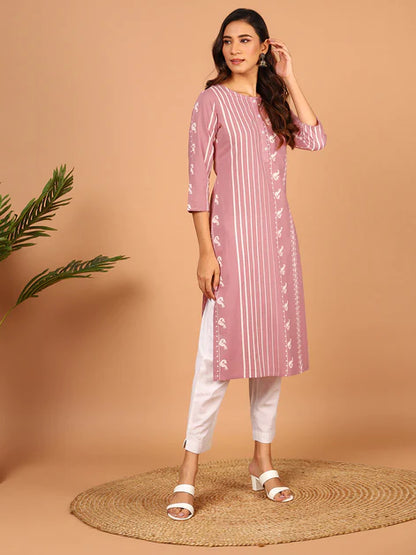 Pastel Pink Cotton Animal Print Straight Kurta