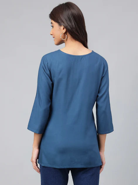 Casual Navy Blue Rayon Regular Sleeves Top