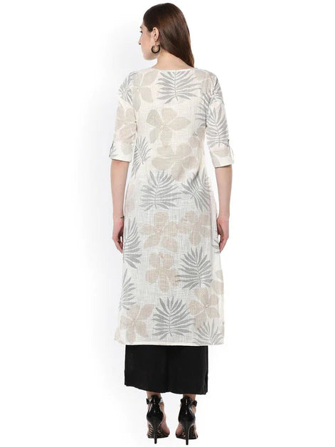 Off White Cotton Foil Print Straight Kurta