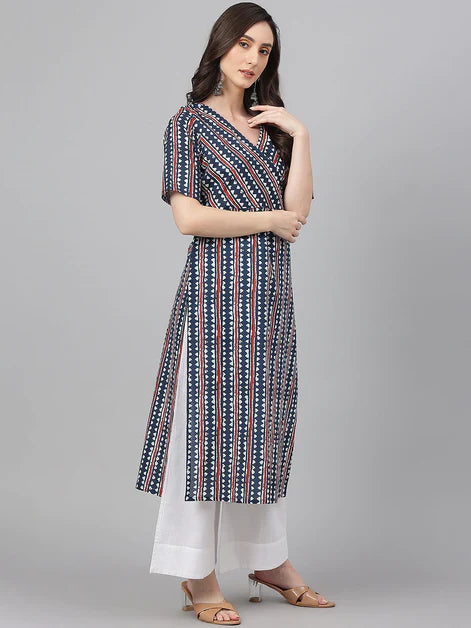 Navy Blue Cotton Geometric Straight Kurta