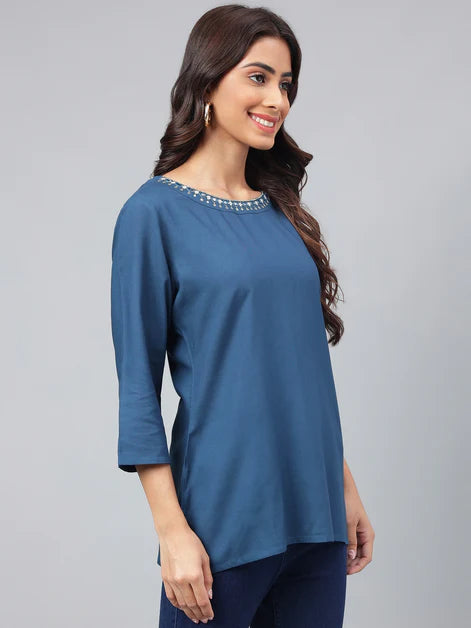 Casual Navy Blue Rayon Regular Sleeves Top