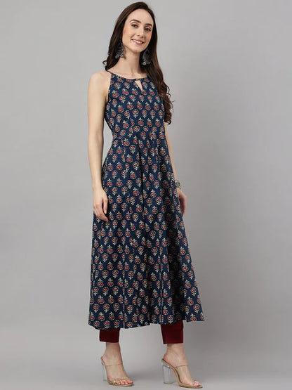 Women's Navy Blue Cotton Botanical Print Anarkali Kurta