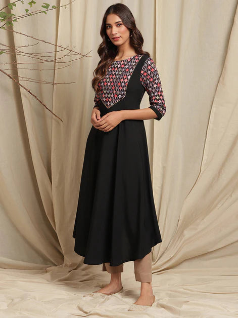 Black Poly Crepe Digital Print High Low Kurta