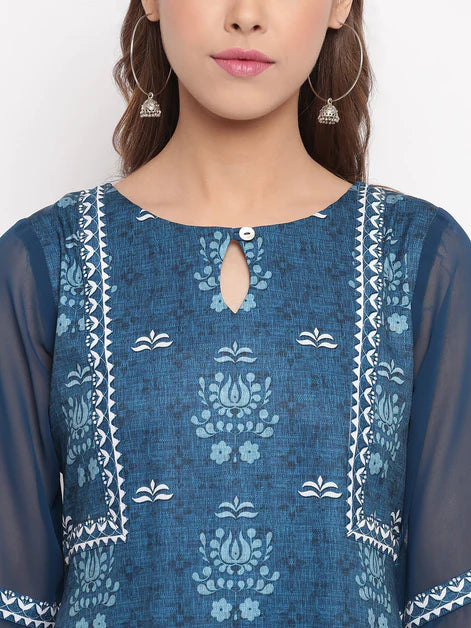 Teal Poly Crepe Digital Print Straight Kurta