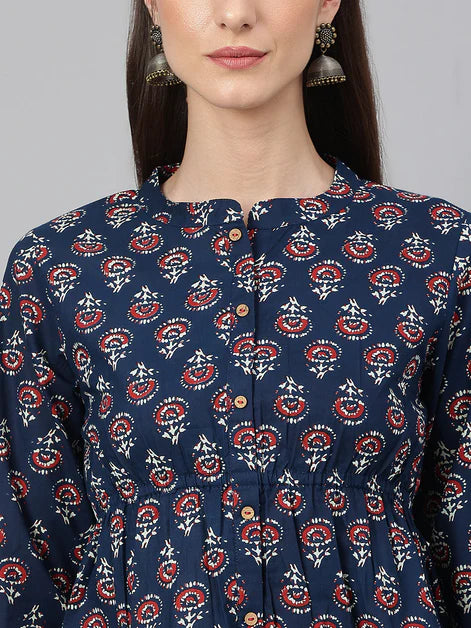 Navy Blue Cotton Floral Print Peplum Top