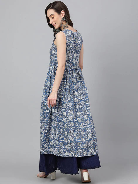 Blue Cotton Floral Print Flared Kurta