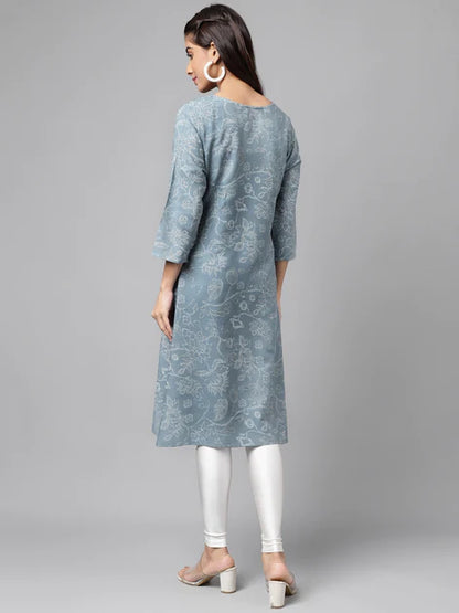 Blue Cotton Floral Printed Straight Kurta