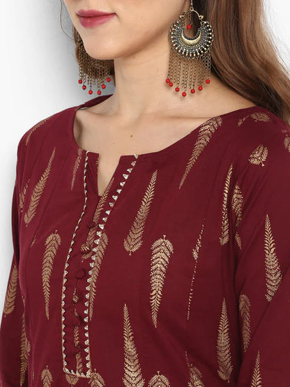 Maroon Cotton Foil Print A-line Kurta