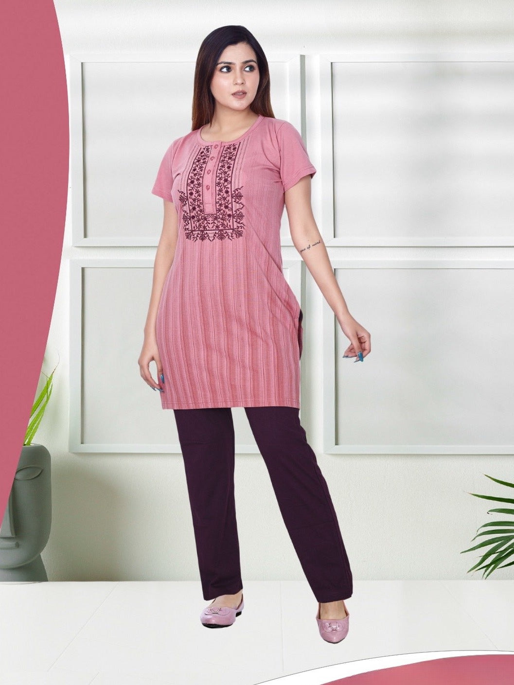 Embroidered Cotton Night Suit