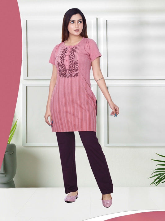 Embroidered Cotton Night Suit