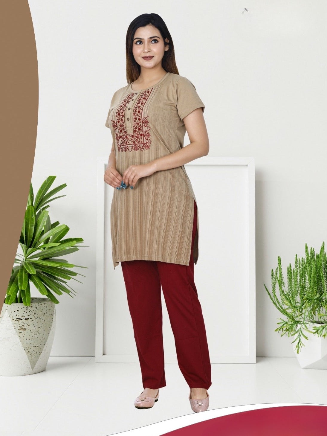 Embroidered Cotton Night Suit