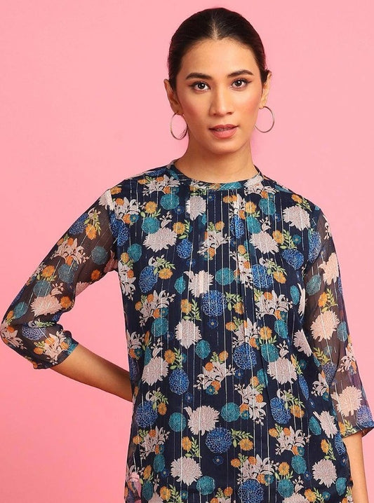 Blue Poly Georgette Floral Print Top