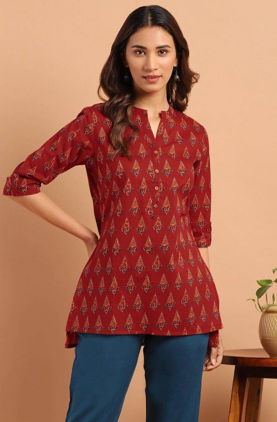 Maroon Mandarin Collar Printed Tunic