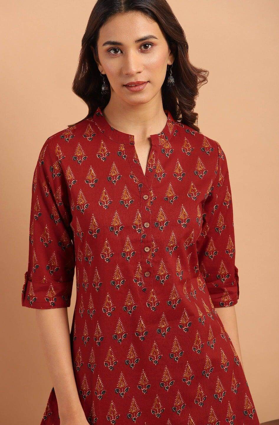 Maroon Mandarin Collar Printed Tunic