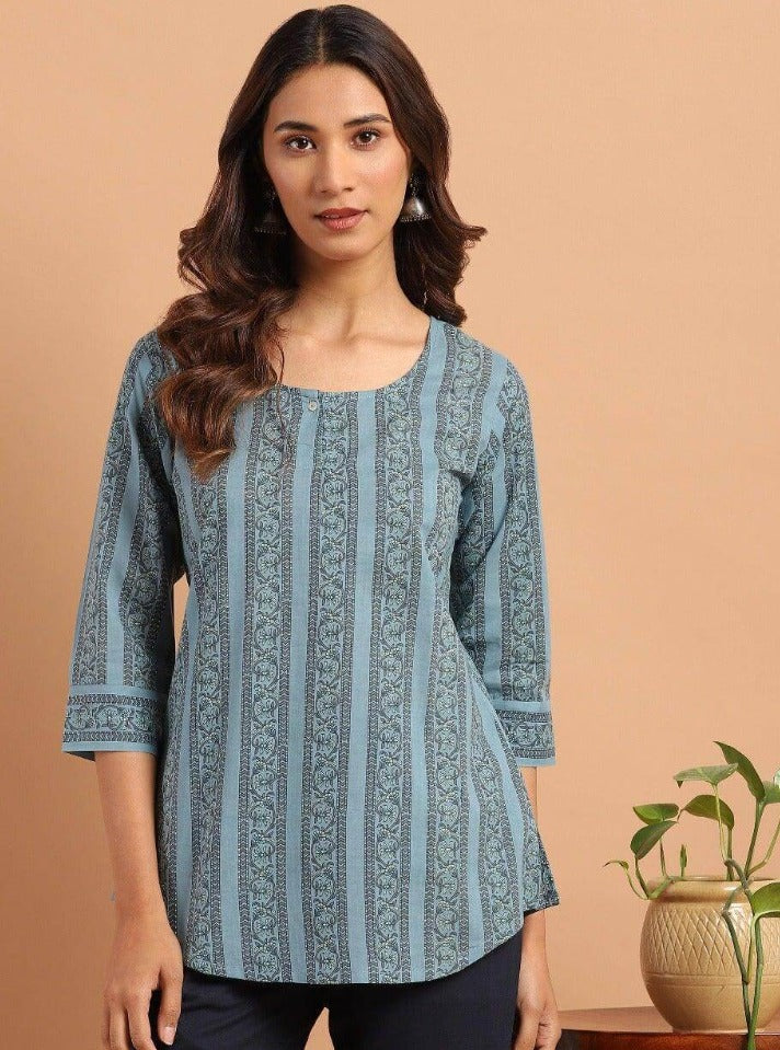 Regular Sleeves Printed Women Blue Top