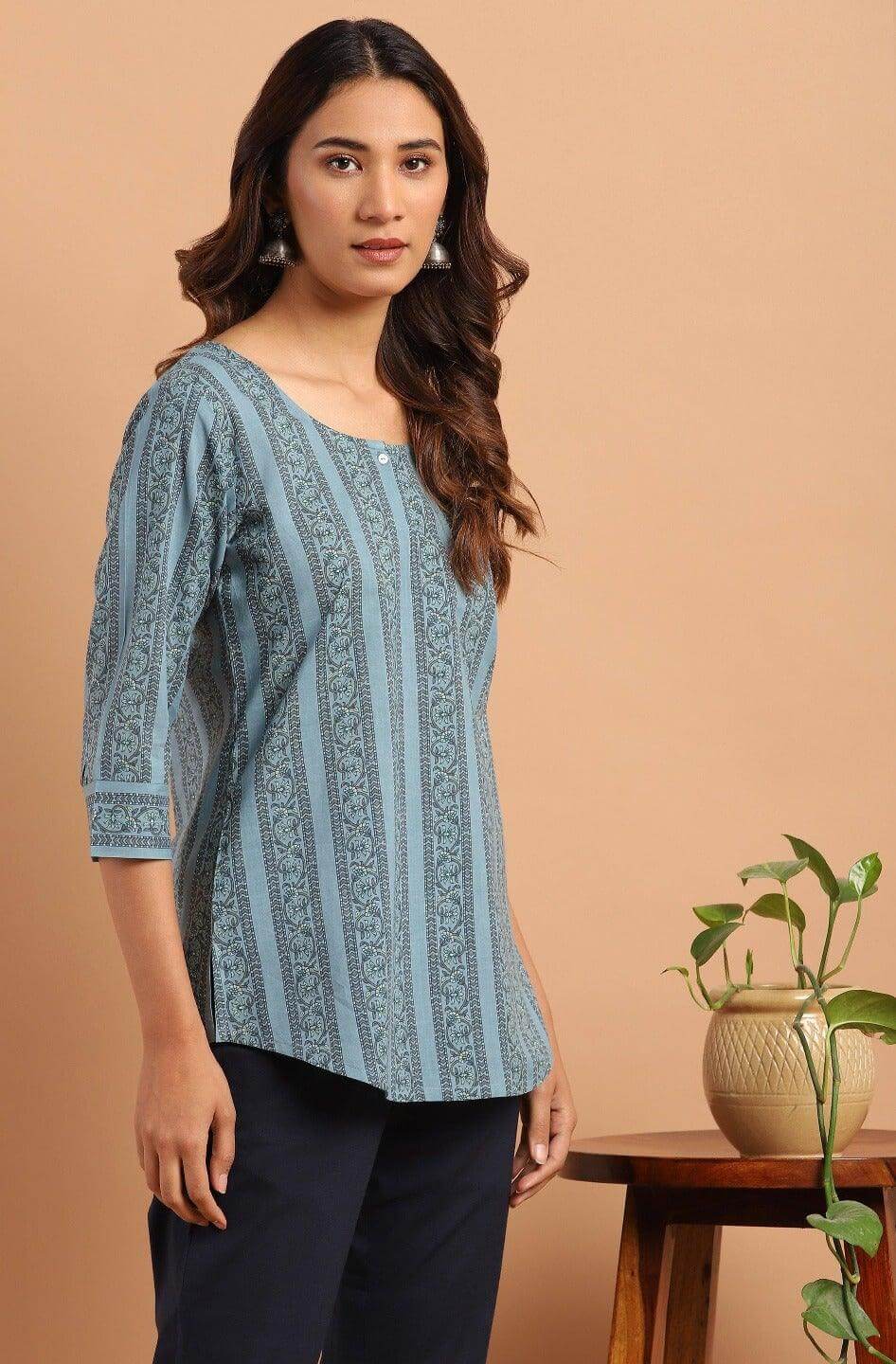 Regular Sleeves Printed Women Blue Top