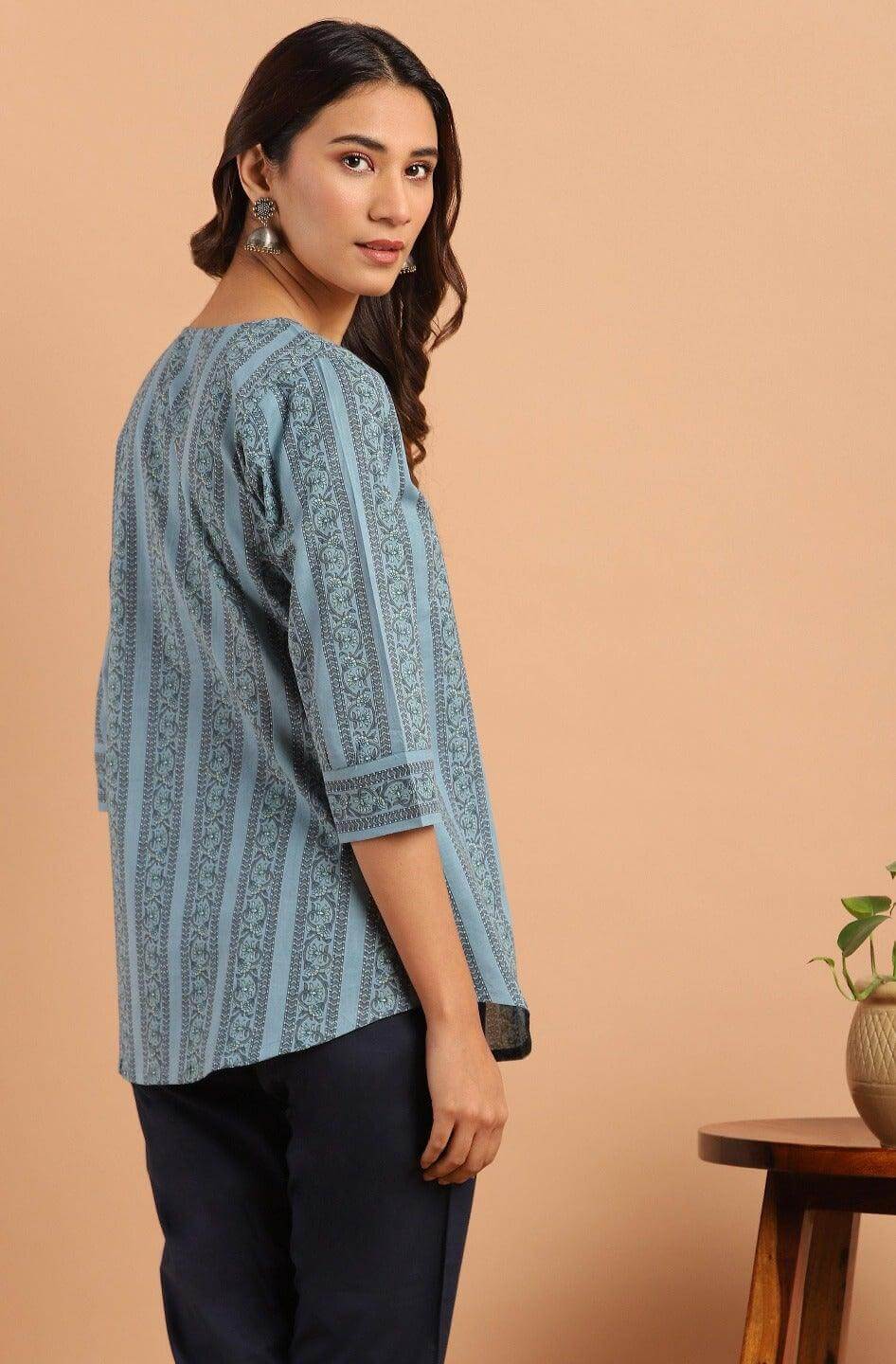 Regular Sleeves Printed Women Blue Top