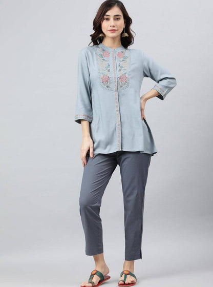 Embroidered Women Blue Top