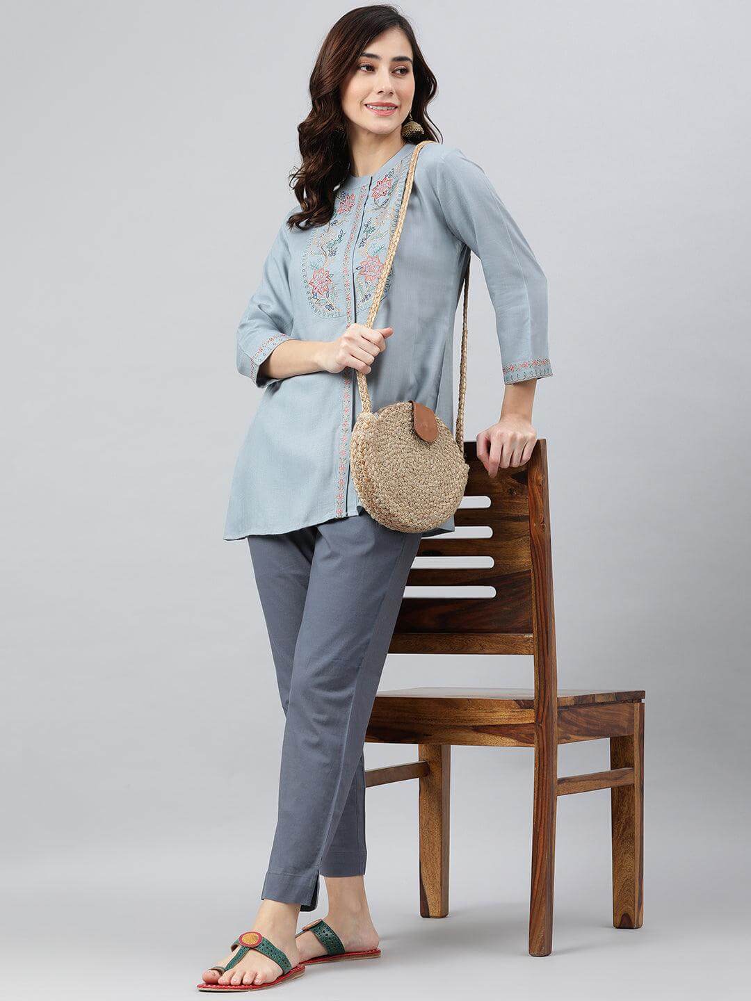 Embroidered Women Blue Top