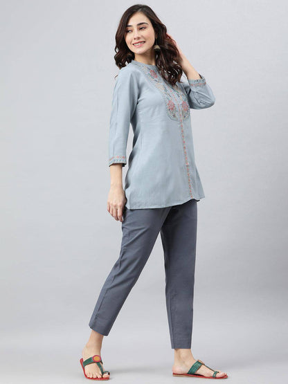 Embroidered Women Blue Top