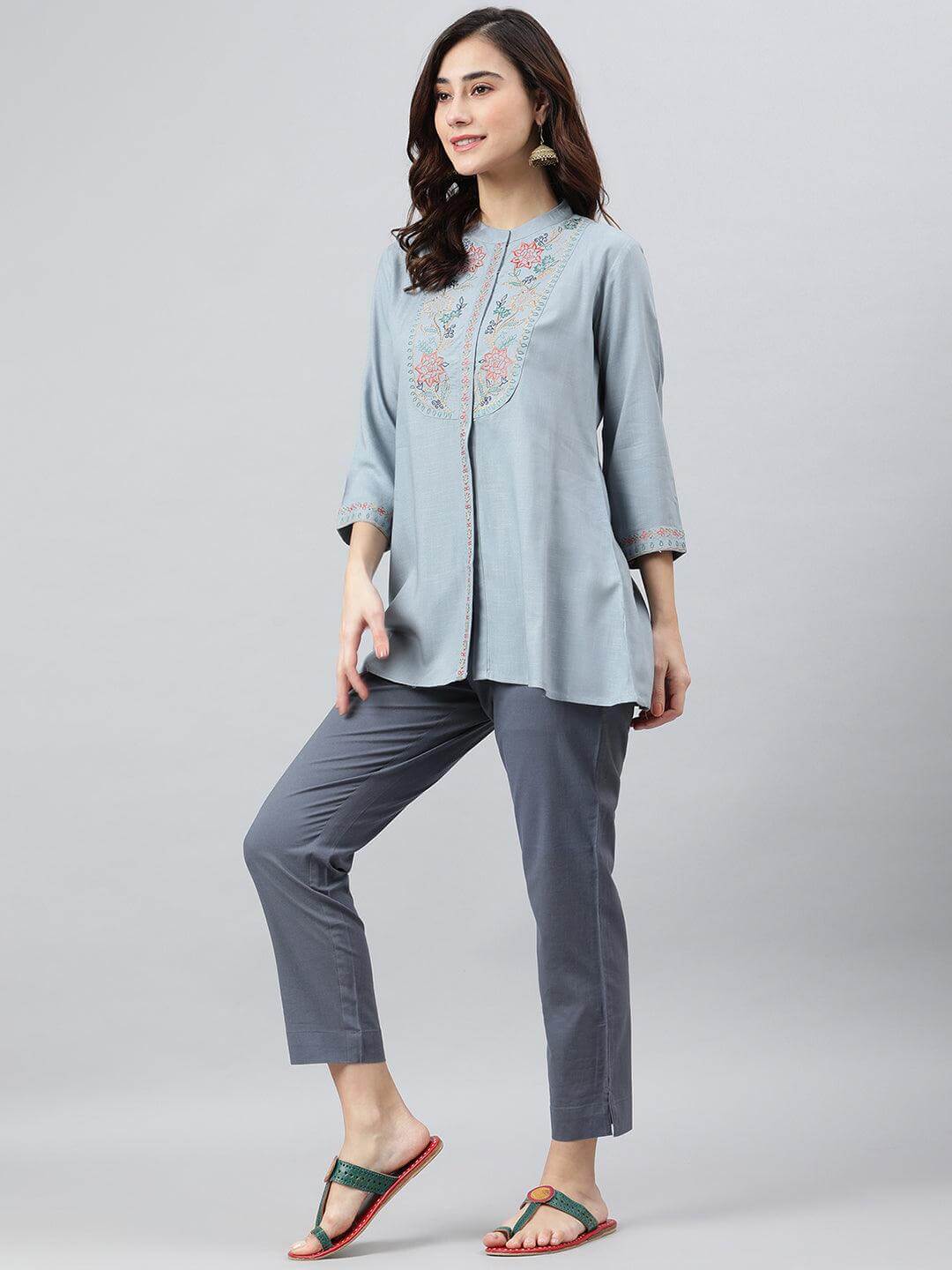 Embroidered Women Blue Top