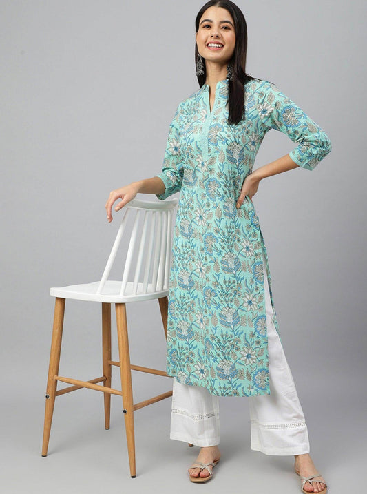 Turquoise Blue Cotton Floral Block Print Straight Kurta