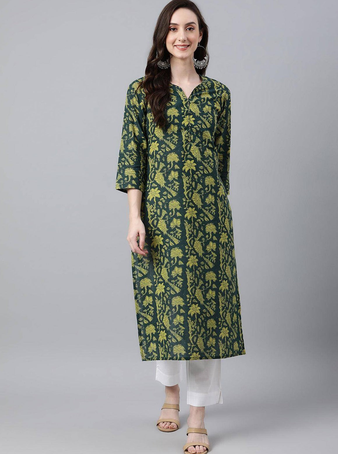 Dark Green Cotton Floral Block Print Straight Kurta