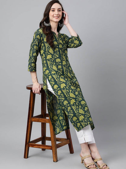 Dark Green Cotton Floral Block Print Straight Kurta