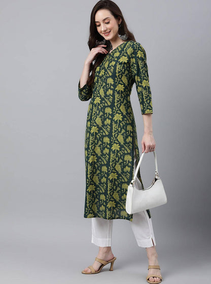 Dark Green Cotton Floral Block Print Straight Kurta