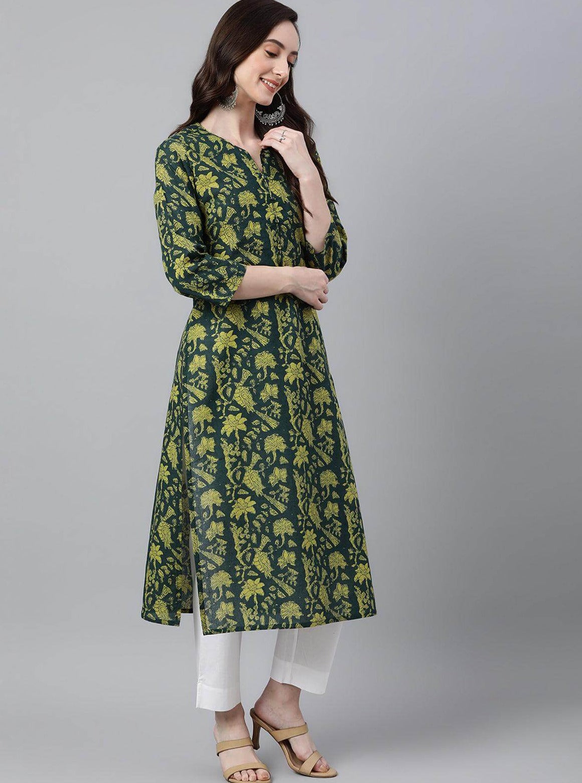 Dark Green Cotton Floral Block Print Straight Kurta