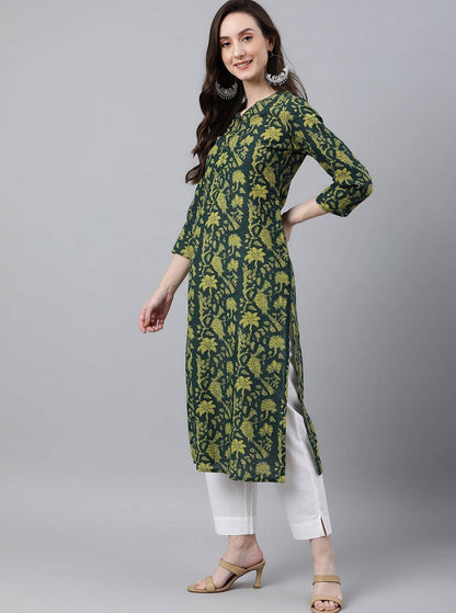 Dark Green Cotton Floral Block Print Straight Kurta