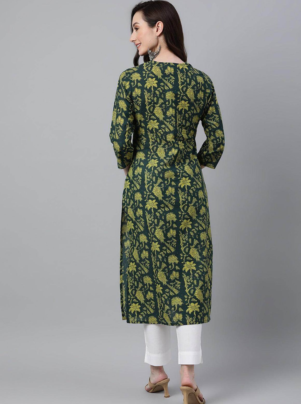 Dark Green Cotton Floral Block Print Straight Kurta