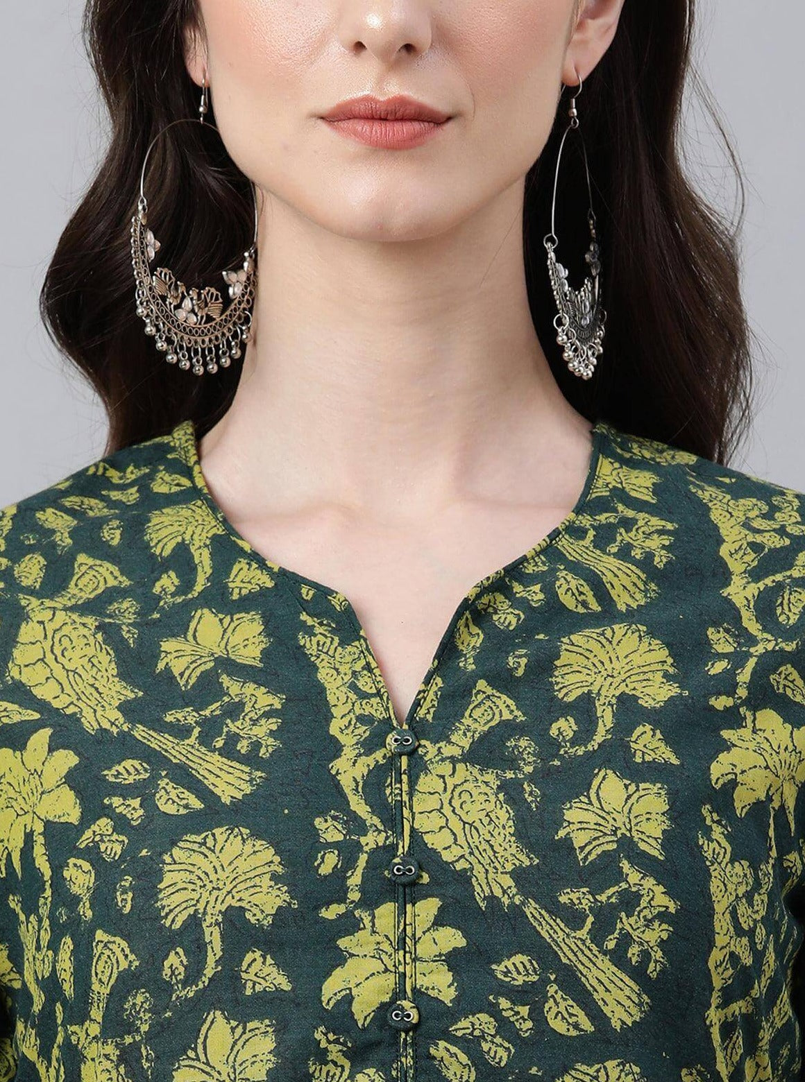 Dark Green Cotton Floral Block Print Straight Kurta