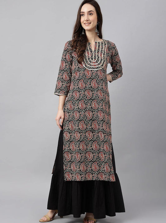 Paisley Printed Gotta Patti Straight Cotton Kurta