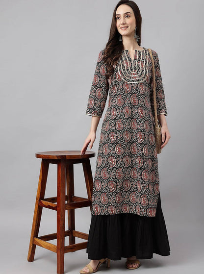 Paisley Printed Gotta Patti Straight Cotton Kurta