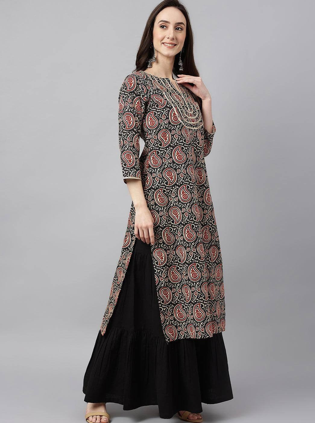 Paisley Printed Gotta Patti Straight Cotton Kurta