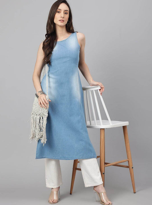 Light Blue Solid Denim Straight Kurta