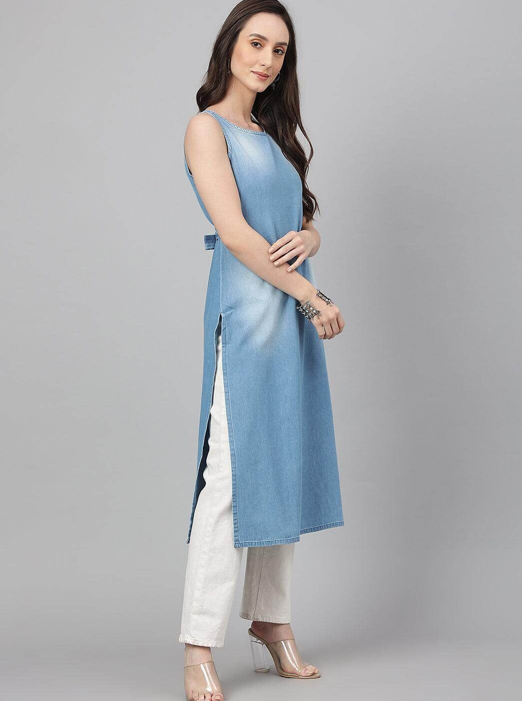 Light Blue Solid Denim Straight Kurta