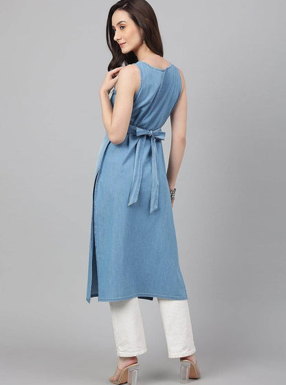 Light Blue Solid Denim Straight Kurta