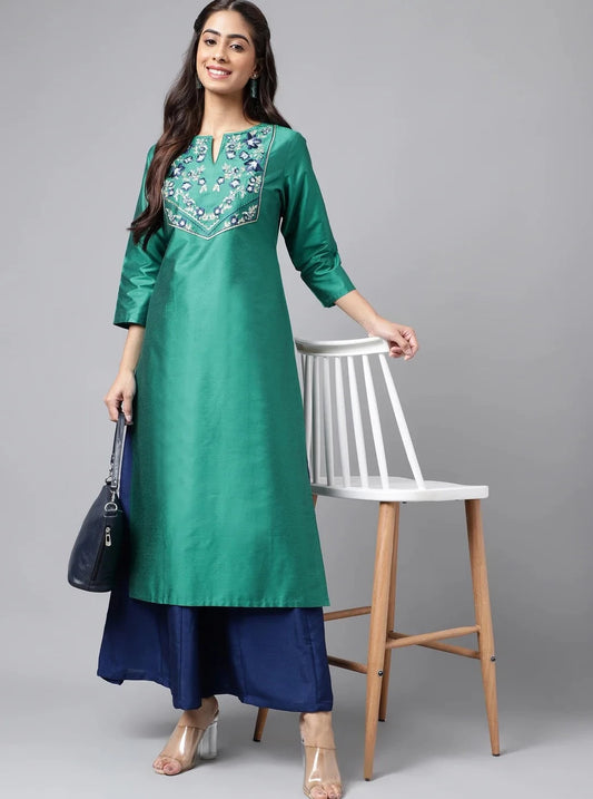 Green Round Neck Thread Work Detail Straight Kurta