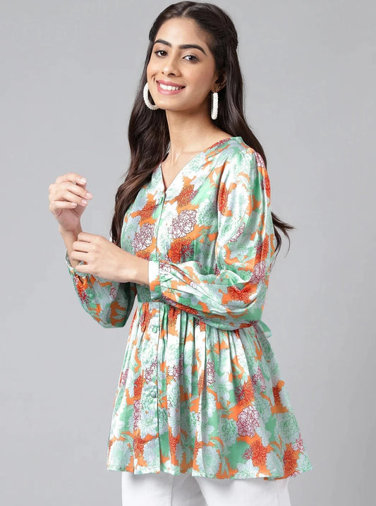 Orange Digital Floral Printed Peplum Top